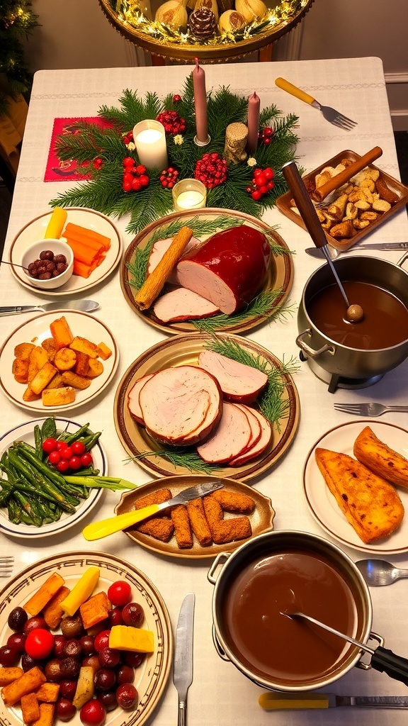 A festive Christmas dinner table with no-oven dishes including glazed ham, vegetable sides, and chocolate fondue.
